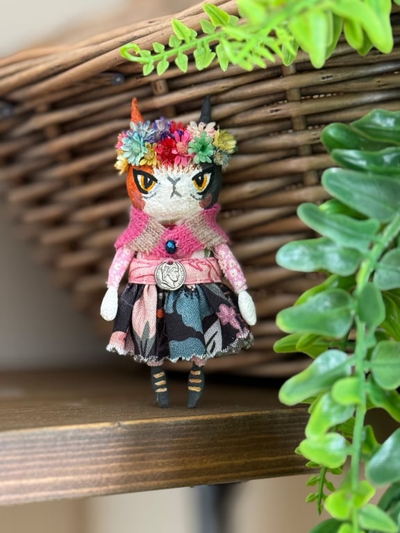 Frida Kahlo inspired Miniature Calico Cat Art Doll