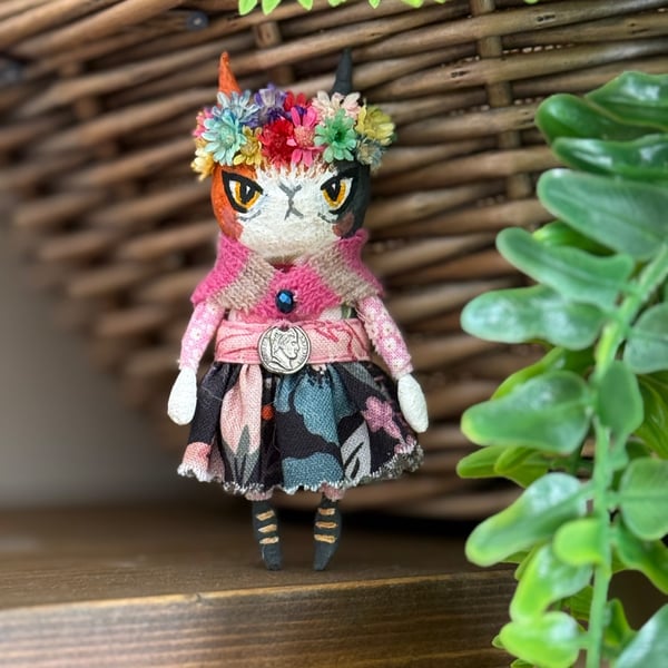 Frida Kahlo inspired Miniature Calico Cat Art Doll