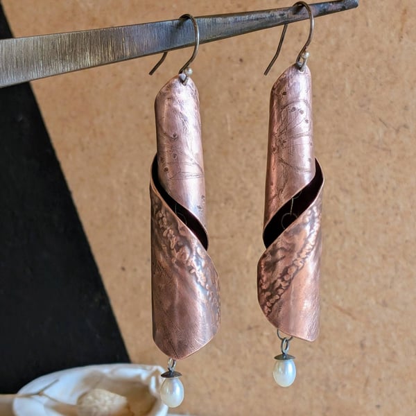 Floral Copper & Pearl Drop Earrings; One-of-a-Kind Contemporary Earrings
