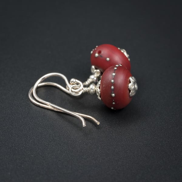 Ruby red glass and sterling silver handmade lampwork earrings