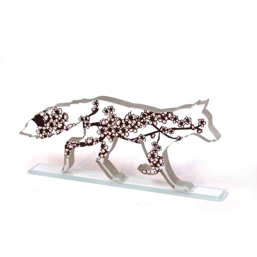 Fox Glass Sculpture with Cherry Blossom Artwork