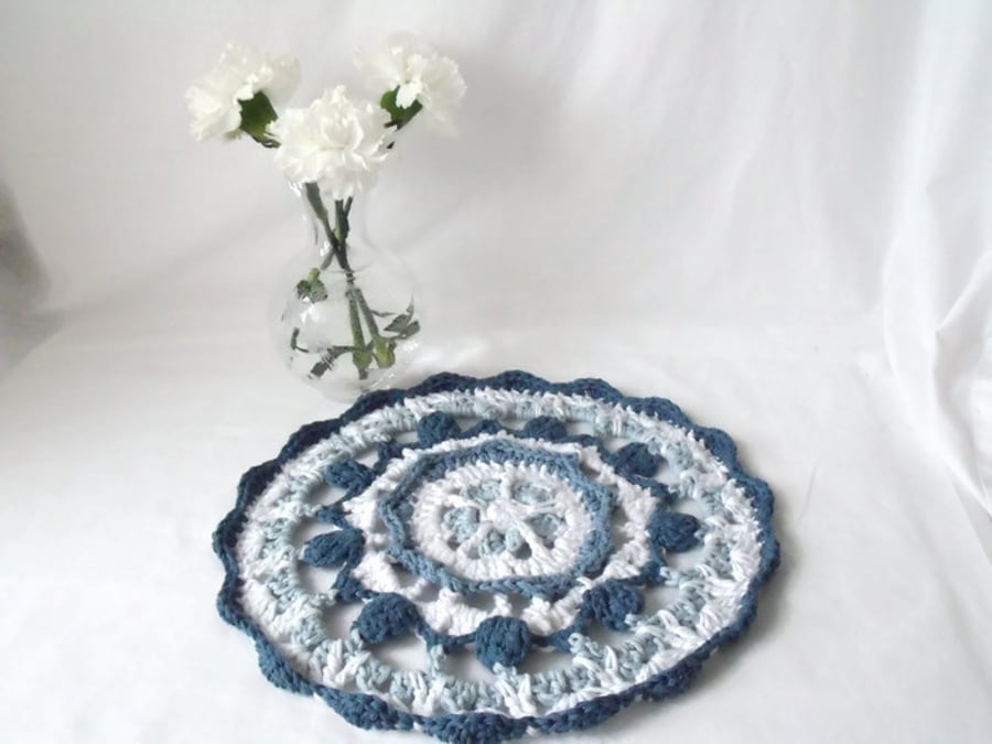 blue and white crocheted cotton doily, crochet mandala home accent
