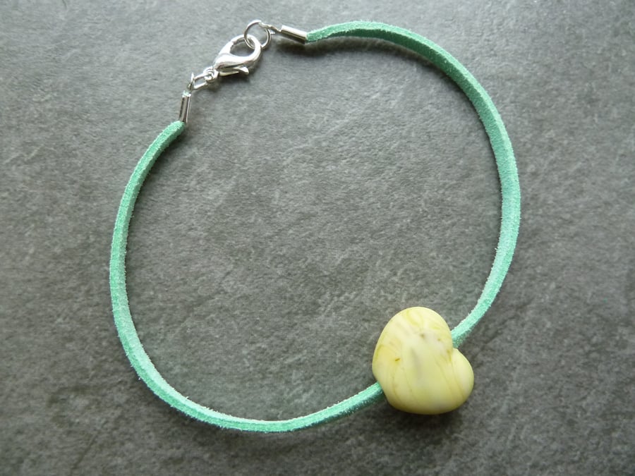 faux suede bracelet, yellow glass heart