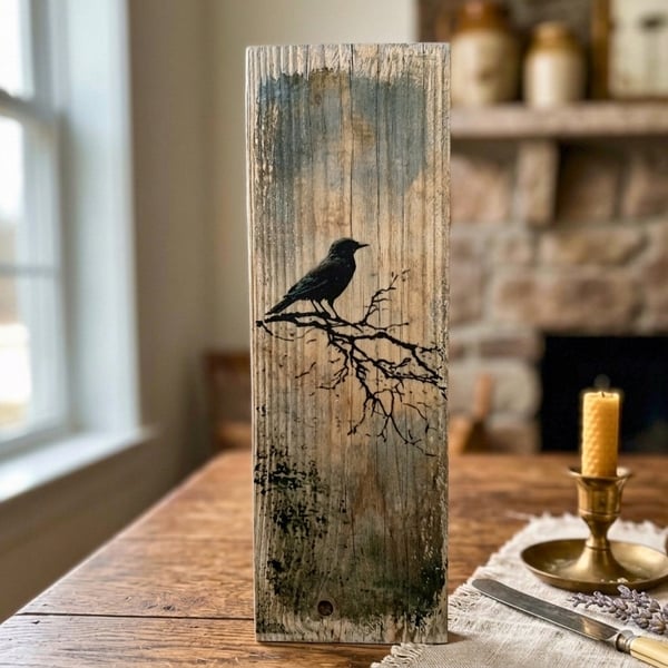 Raven Wall Art, Dark Academia Bird, Winter Branch Block, Photo Transfer Art