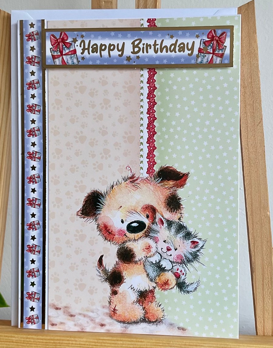 Card. Cute puppy and kitten card for his, her or child’s birthday