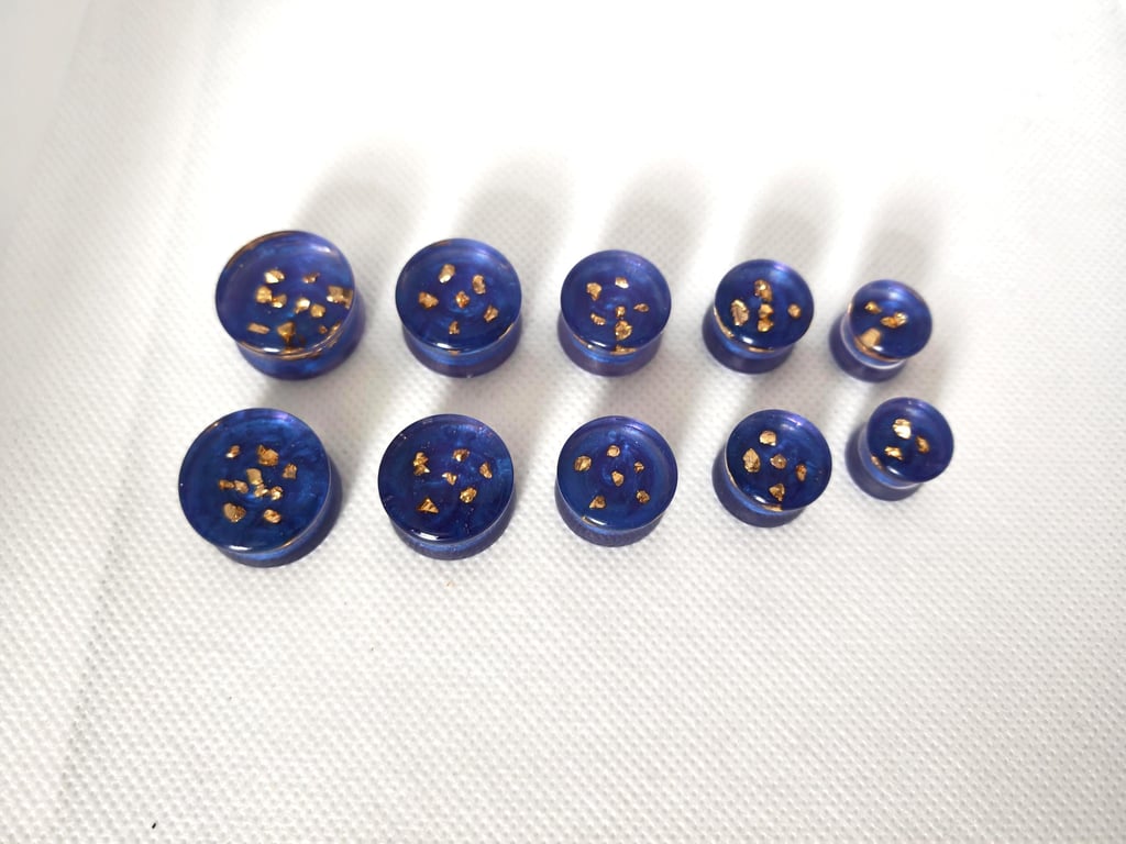 Gold Glass Shard Resin Ear Tunnels: Handmade Blue Plugs