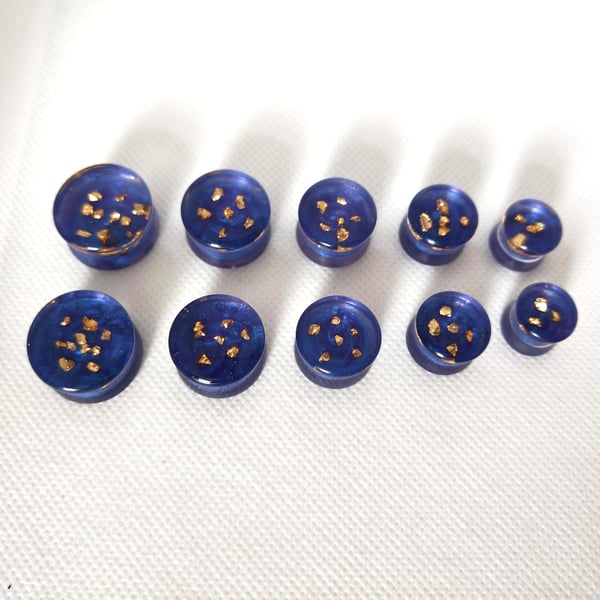 Gold Glass Shard Resin Ear Tunnels: Handmade Blue Plugs