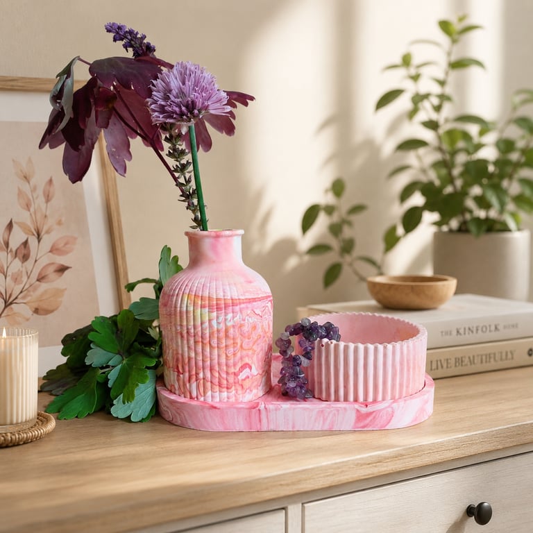 Marbled Bud Vase, Trinket Dish and Tealight Holder Gift Set. Eco Resin