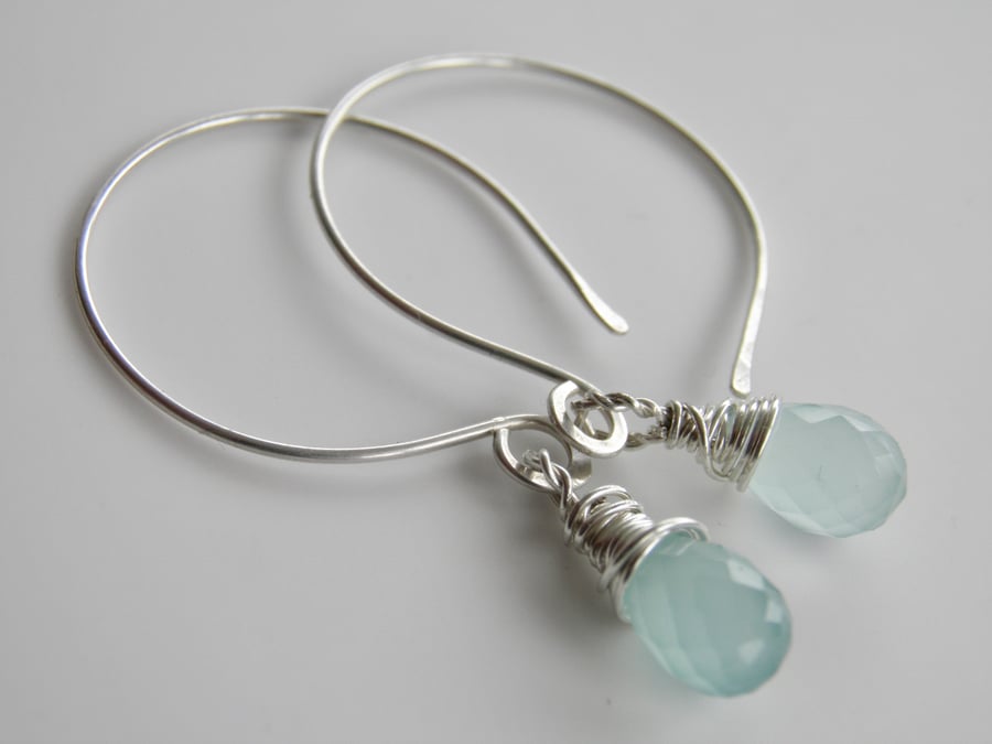 Aqua Chalcedony Gemstone Earrings Sterling Silver