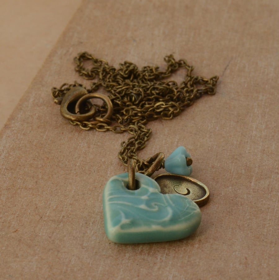 Handmade Ceramic Heart, Personalised Initial & Bead Necklace (More Colours)