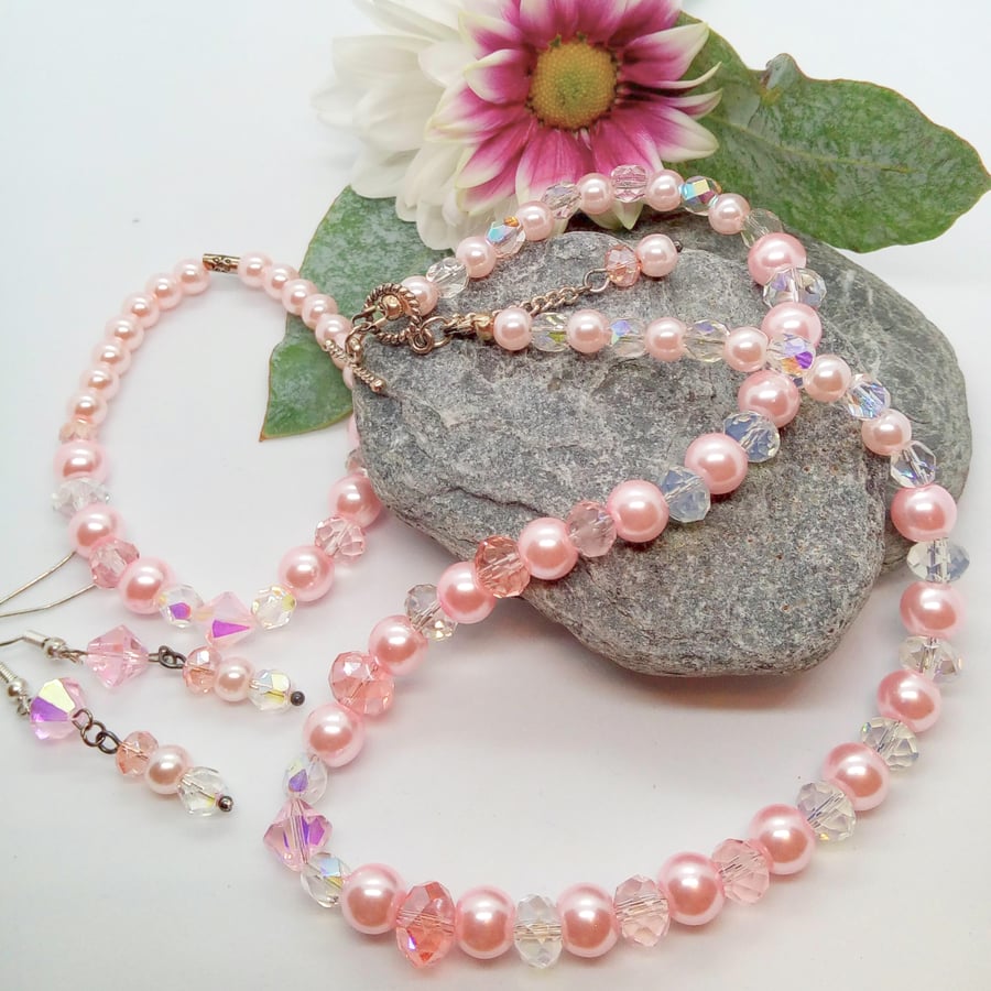 Pink and Clear Crystal and Pearl 3 Piece Jewellery Set, Gift for Her