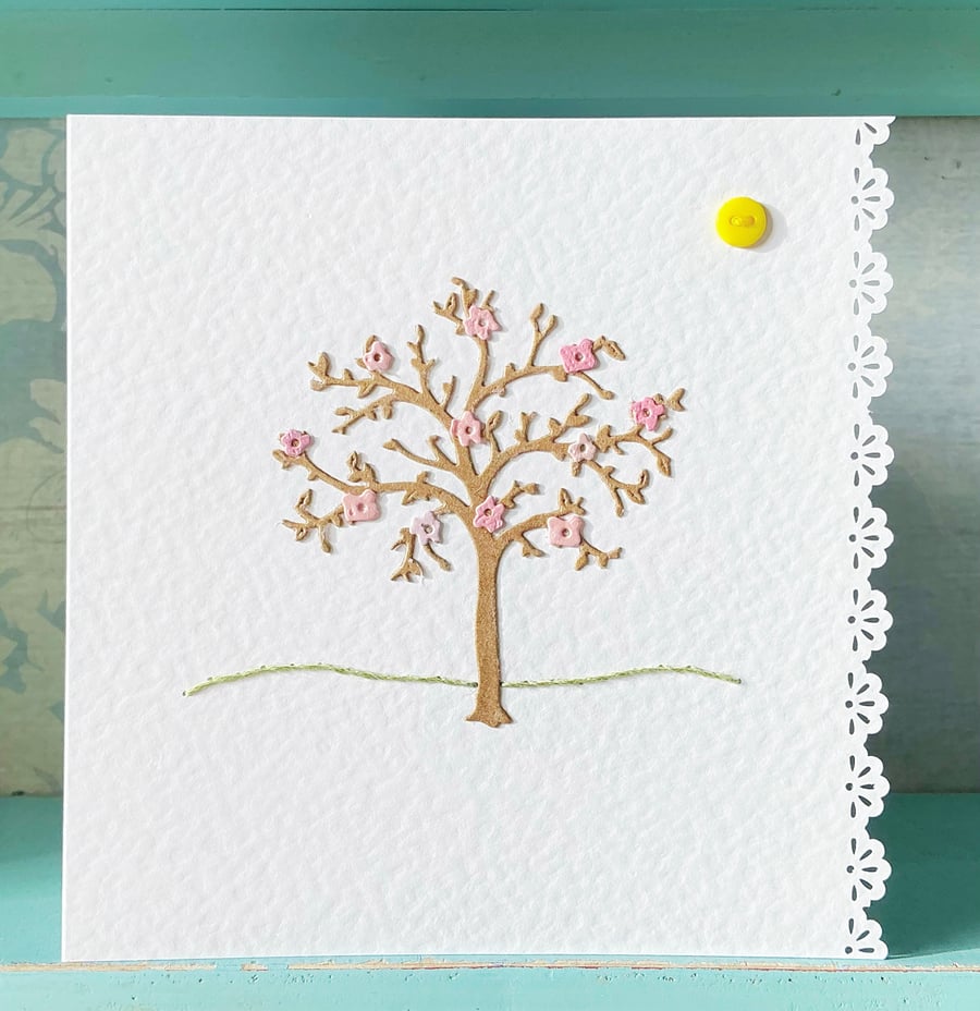 Hand Stitch Card. Cherry Blossom Card. Tree Card. Blank Card. Cherry Blossoms.