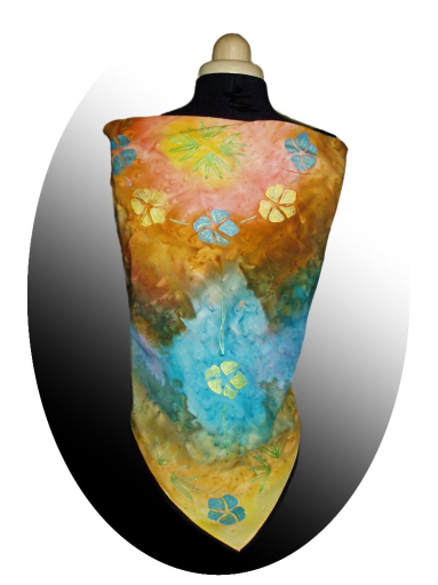 Handpainted square silk scarf, a one of a kind multicolour floral accessory