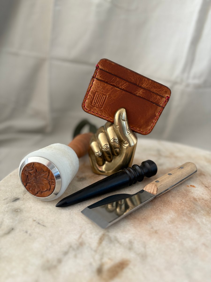 Brown Leather & Red thread Minimalist Card Holder Wallet - The 'Adur'