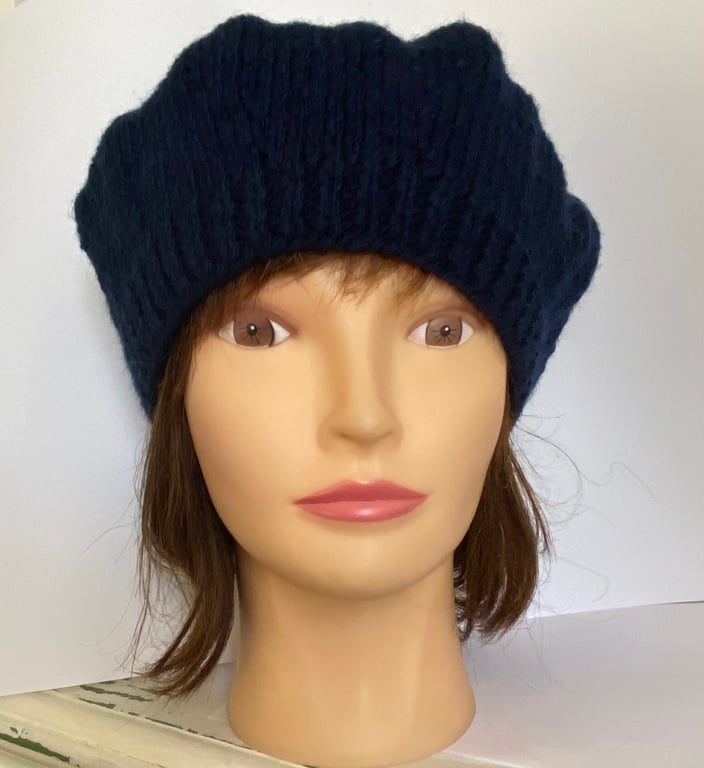Womens Classic Knit Beret, Navy Blue Wool Hat, Knitted Wool Hats for Her