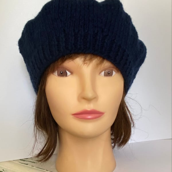 Womens Classic Knit Beret, Navy Blue Wool Hat, Knitted Wool Hats for Her