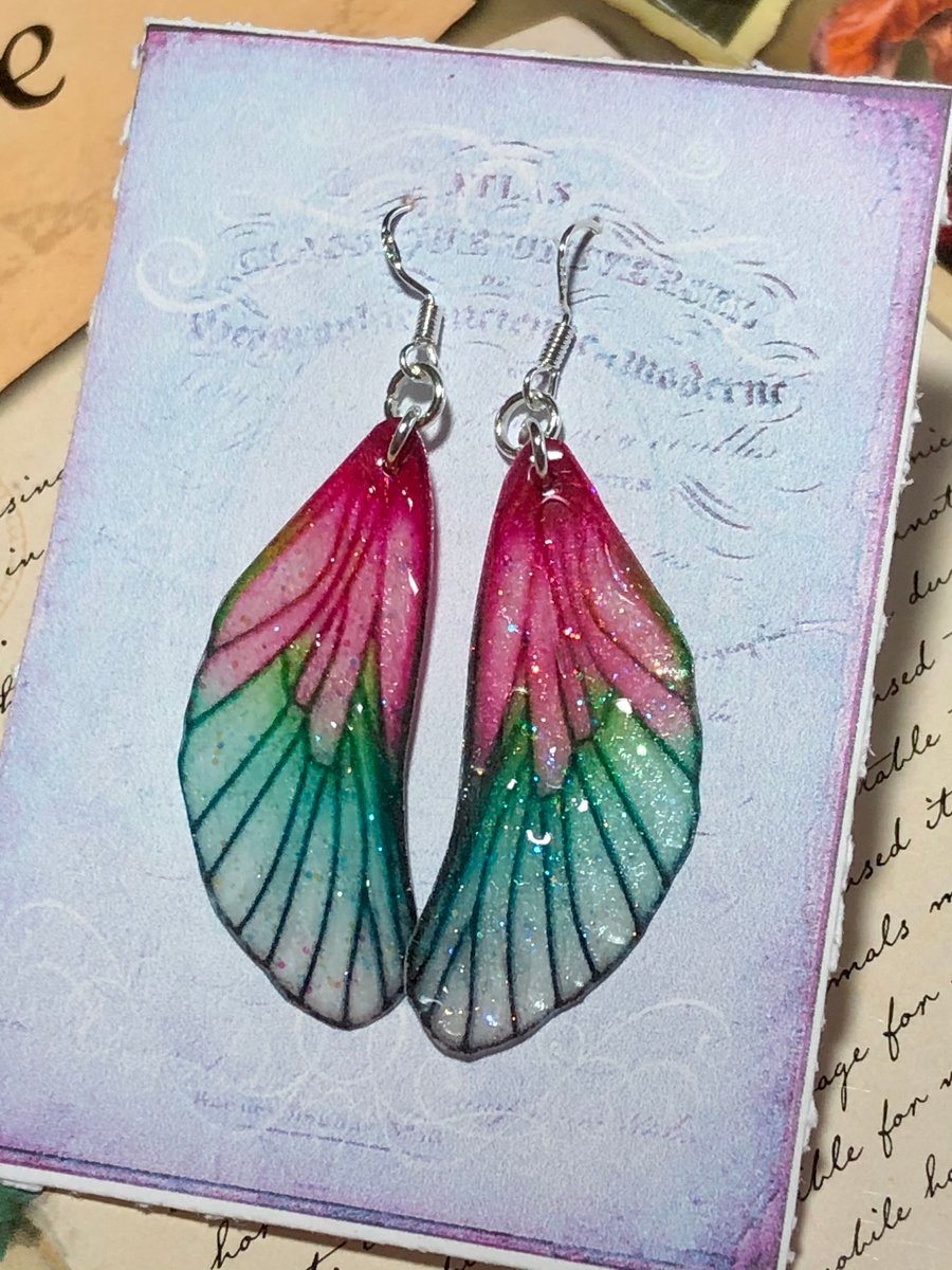 Pink and Green Fairy Wing Sterling Silver Earrings