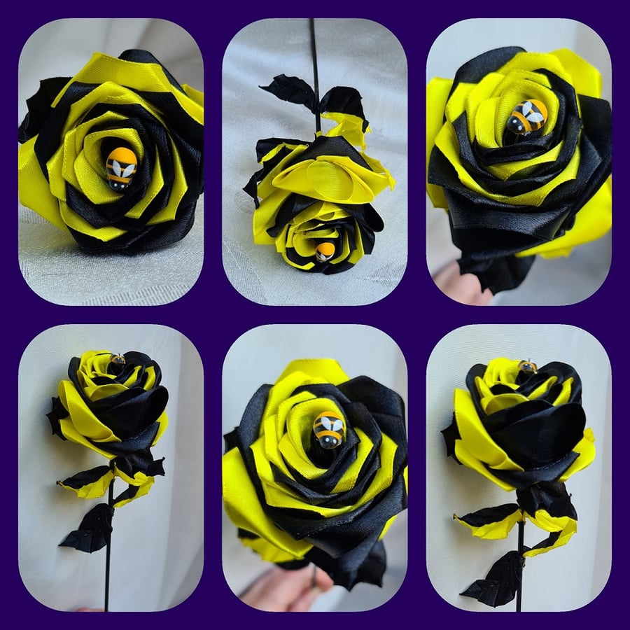 Gorgeous Handmade The Bee Ribbon Rose - Long Stem Artificial Forever Flower Gift