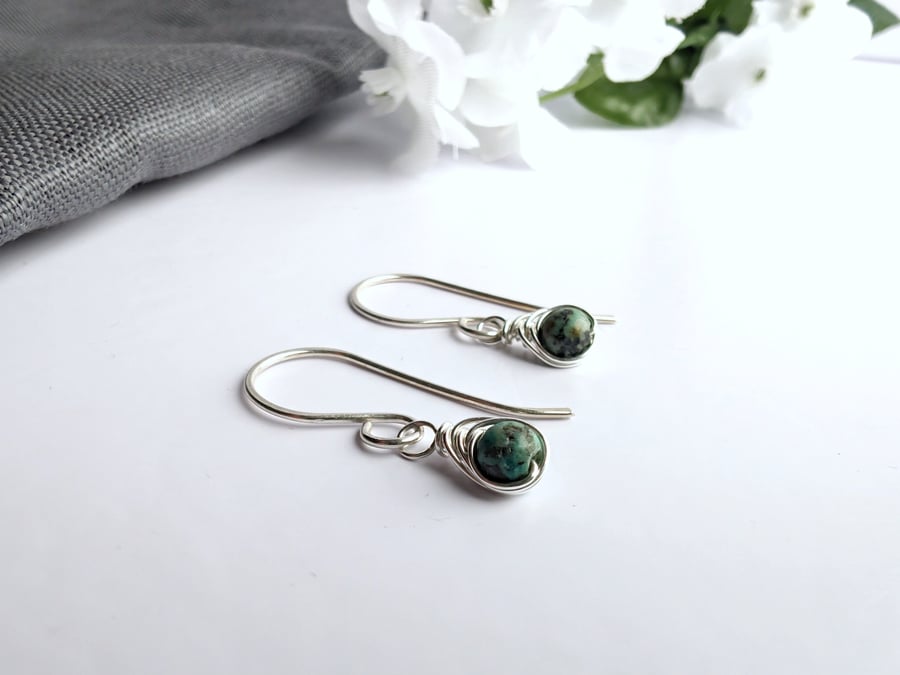 TURQUOISE Dainty Wire Wrapped Earrings Sterling Silver December Birthstone