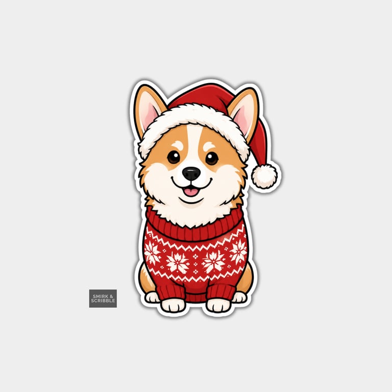 Funny Christmas Sticker Vinyl Xmas Decal For Adults - Cute Corgi Dog Sitting