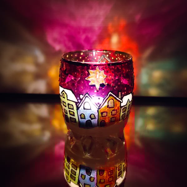 Stained glass effect handmade painted candleholder with Christmas winter town