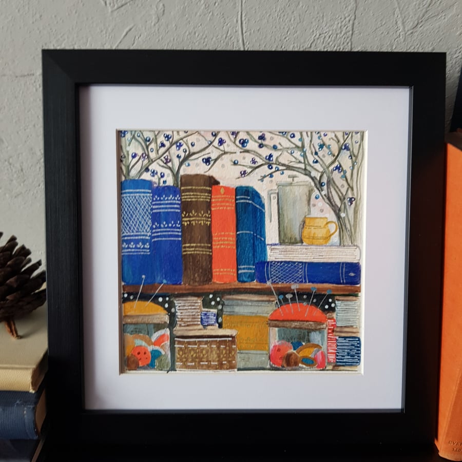 Blackthorn, books and buttons original art