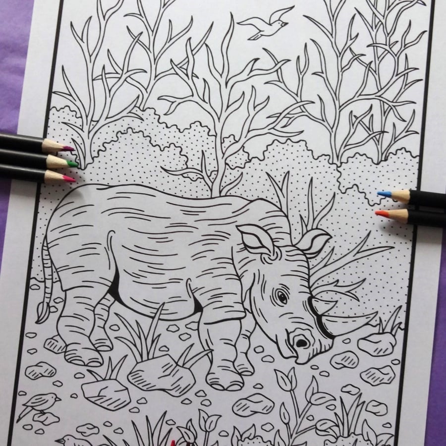 Rhino Jungle A4 Colouring Page Printable JPG by S Godwin Studio