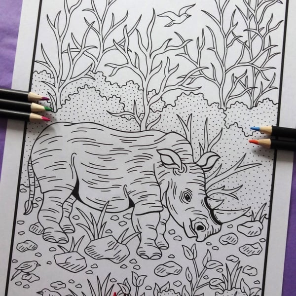 Rhino Jungle A4 Colouring Page Printable JPG by S Godwin Studio