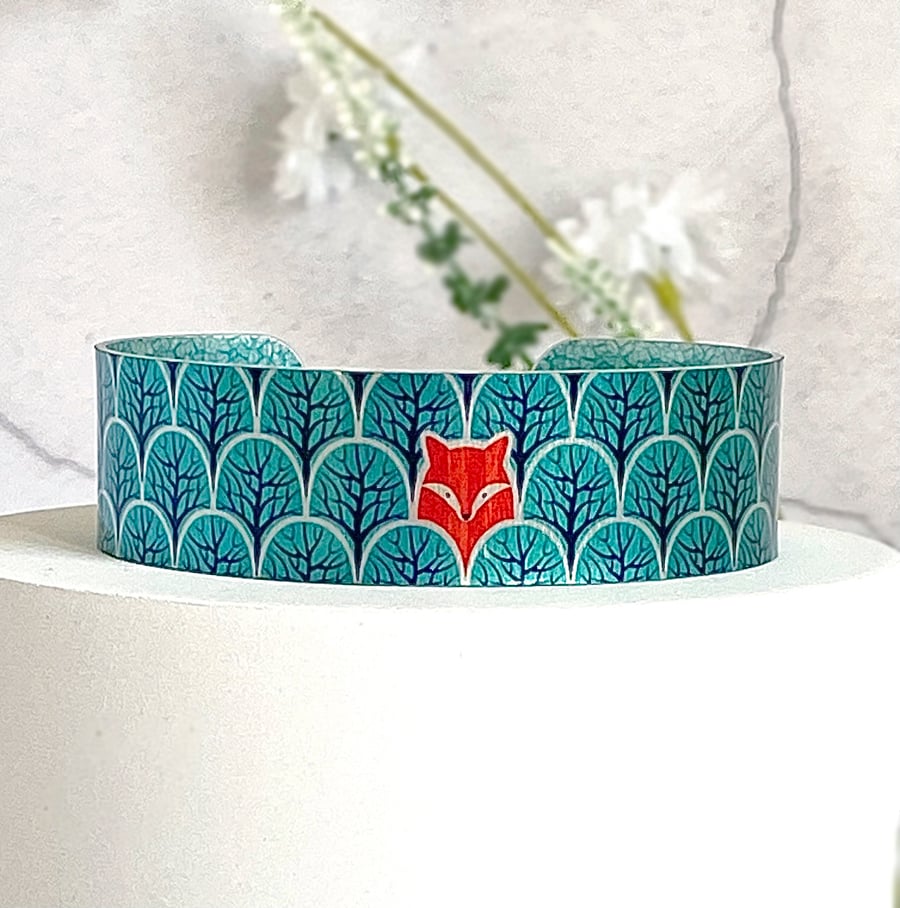 Fox jewellery, teal cuff bracelet, personalised handmade bangle with foxes. (471