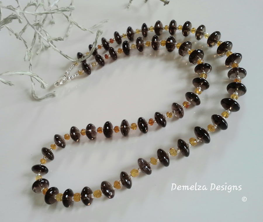 Designer Natural AA Smokey Quartz & Citrine Sterling Silver Necklace ONE OFF