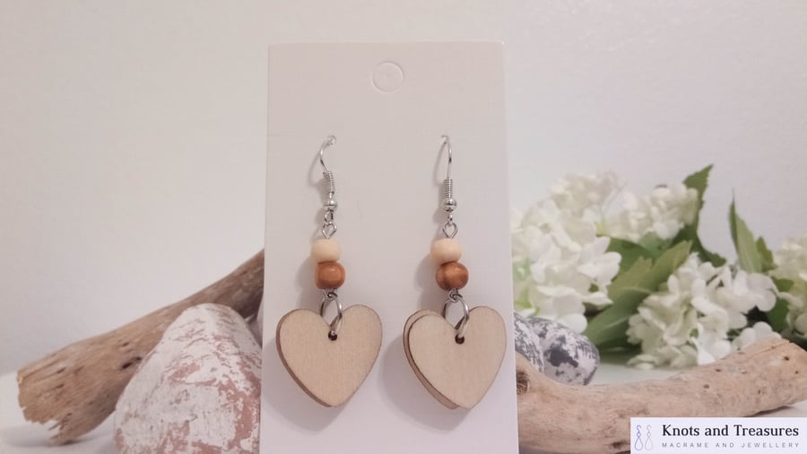 Silver and Wood Heart Dangle Earrings