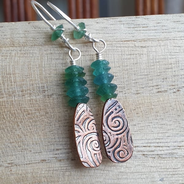 Copper swirl earrings with green glass beads, Sterling ear wires