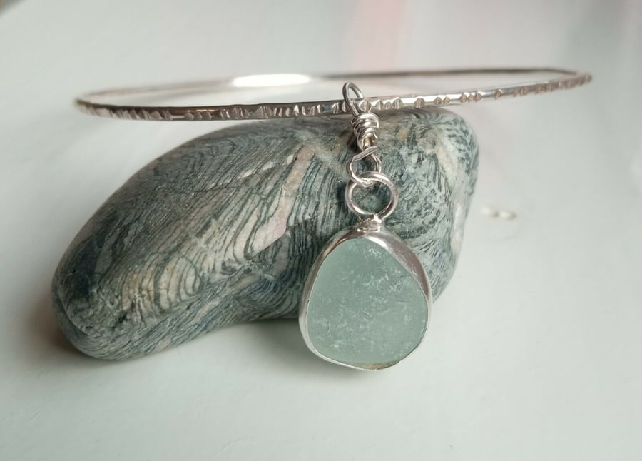 Fine Silver & Recycled Sterling Silver Bangle & Aqua Seaglass Charm Medium