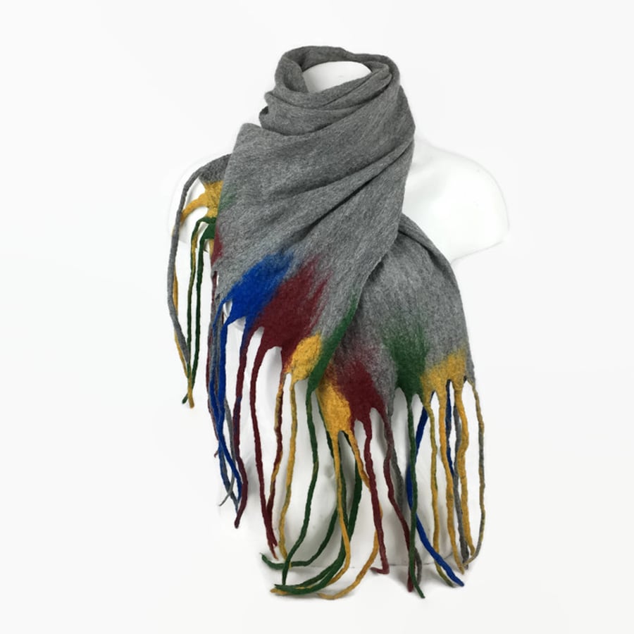 Grey merino wool felted long fashion scarf with brightly coloured tassels