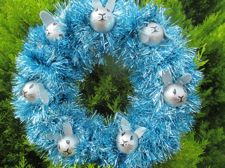 Christmas Wreath Tinsel with Bunny Rabbit Hand Painted Bauble Heads 