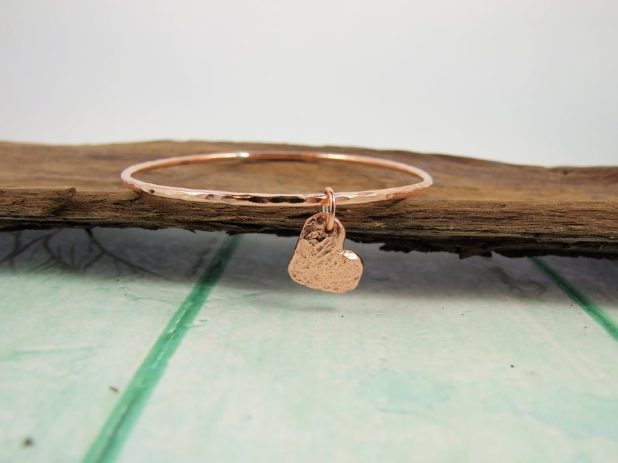 Copper Stacking Bangle with Rustic Heart Charm 