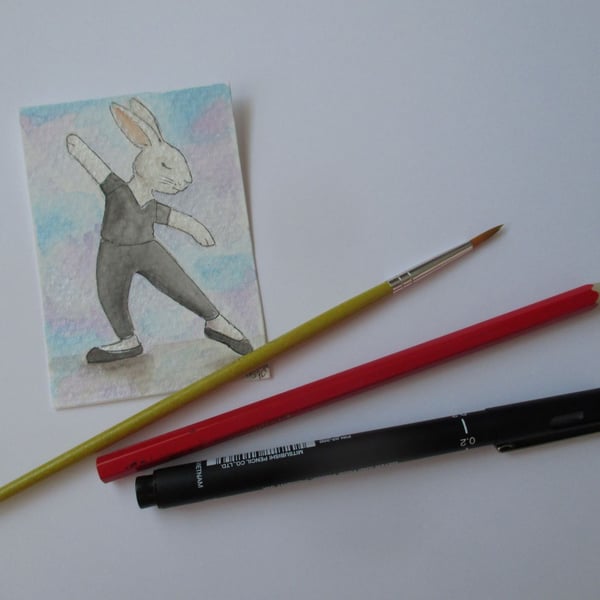 ACEO Bunny Rabbit Ballerina Ballet Dancing Bunny Rabbit Original Painting 003