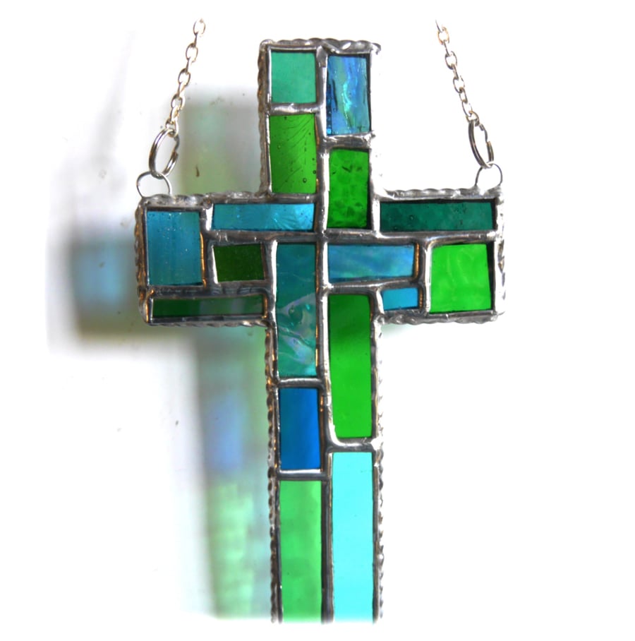 SOLD Cross Suncatcher Stained Glass Patchwork Green Teal Handmade 