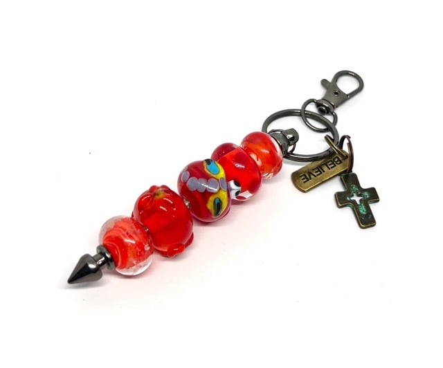 Handmade Vibrant Red Lampwork Glass Bead Bag Charm Keyring with added Charms