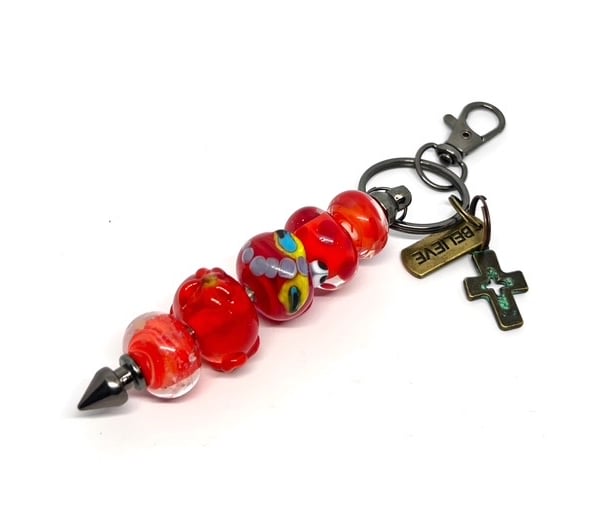 Handmade Vibrant Red Lampwork Glass Bead Bag Charm Keyring with added Charms