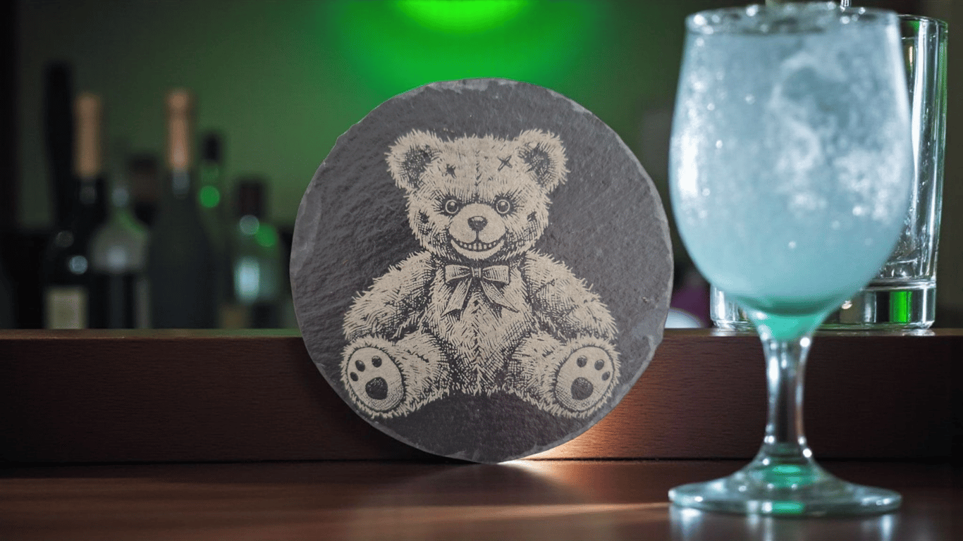 Horror Teddy Bear Etched Slate Coaster – Creepy Cute Gothic Homeware