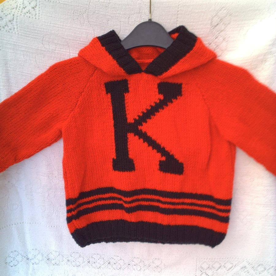 Child's Initial Design Hooded Jumper with Black Trim and Letter, Custom Make