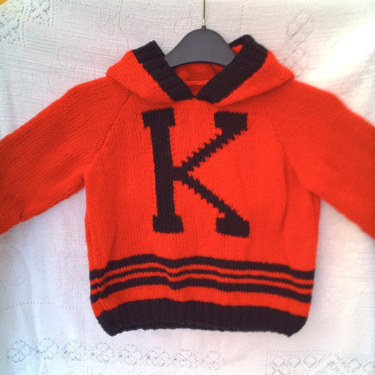 Child's Initial Design Hooded Jumper with Black Trim and Letter, Custom Make