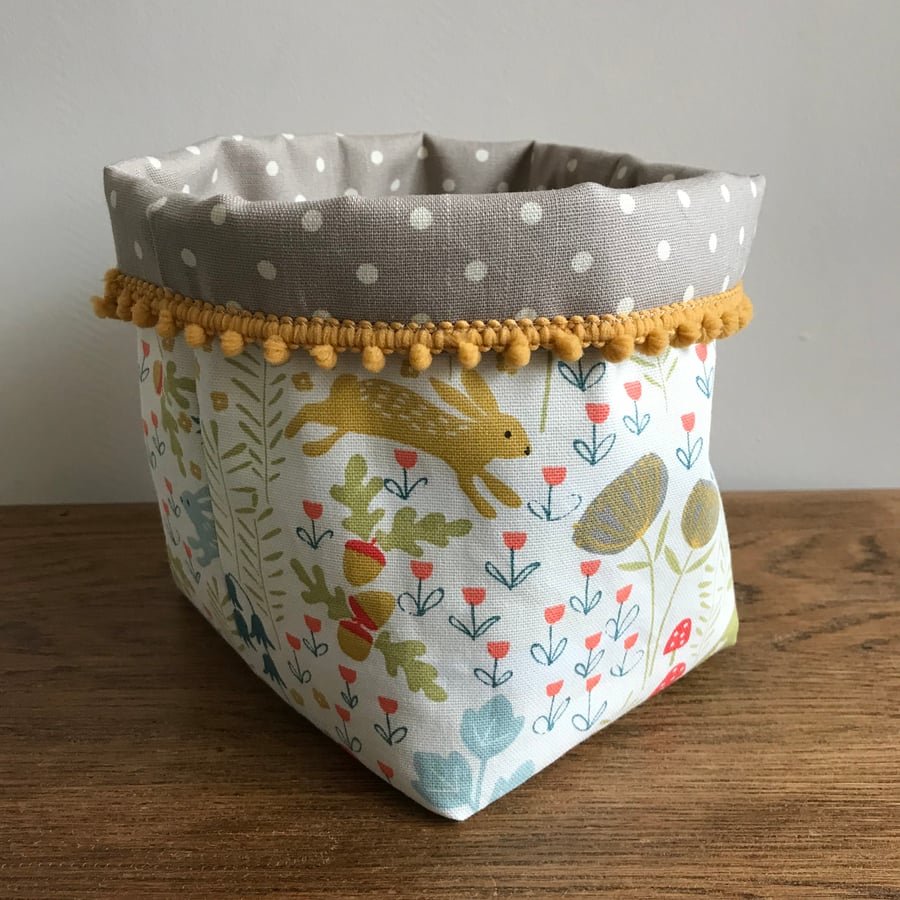 Woodland fabric storage bin with bobble trim