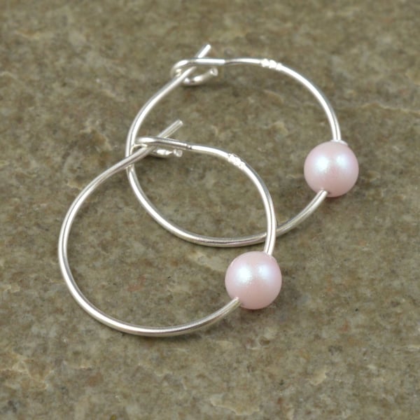 Boho Dreamy Rose Pink Swarovski Crystal Pearl 15mm Sterling Silver Hoop Earrings