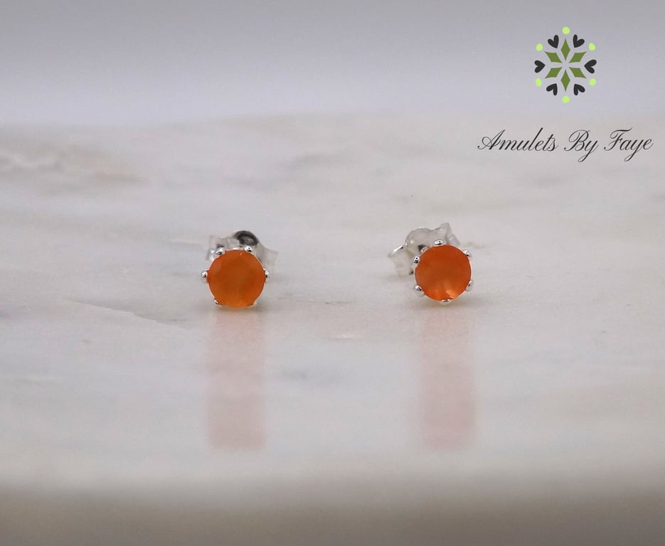 Carnelian Facet 4mm Gemstone Sterling Silver Stud Earrings.