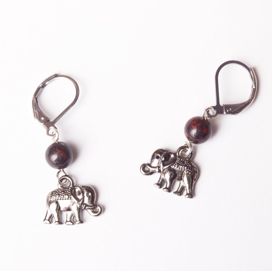 Little elephant earrings with jasper gemstones  - Cute boho jewelry