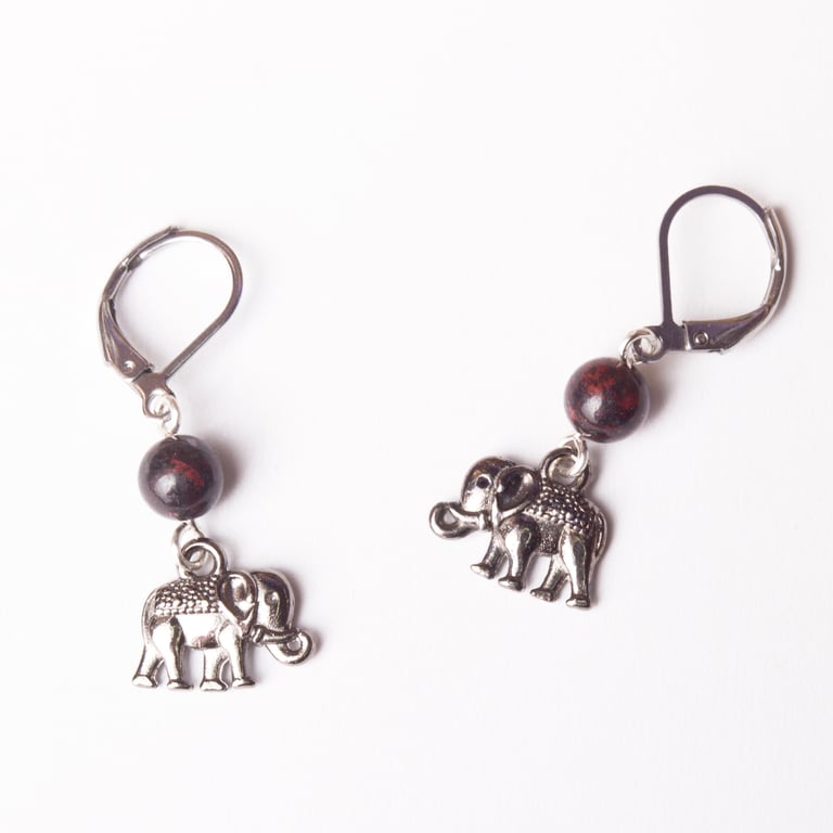 Little elephant earrings with jasper gemstones  - Cute boho jewelry
