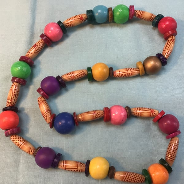 Unique painted wooden bead necklace. Handmade.  