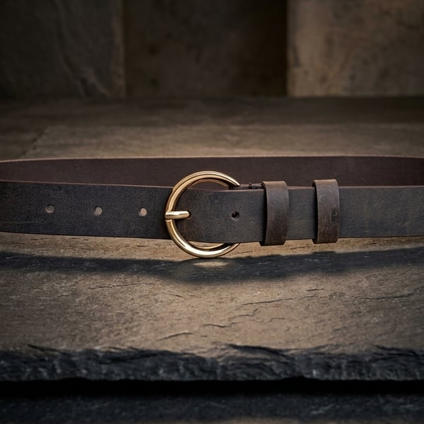 Dark Patina Full Grain Leather Belt Gold-Tone Round Buckle Womens Belt 25mm